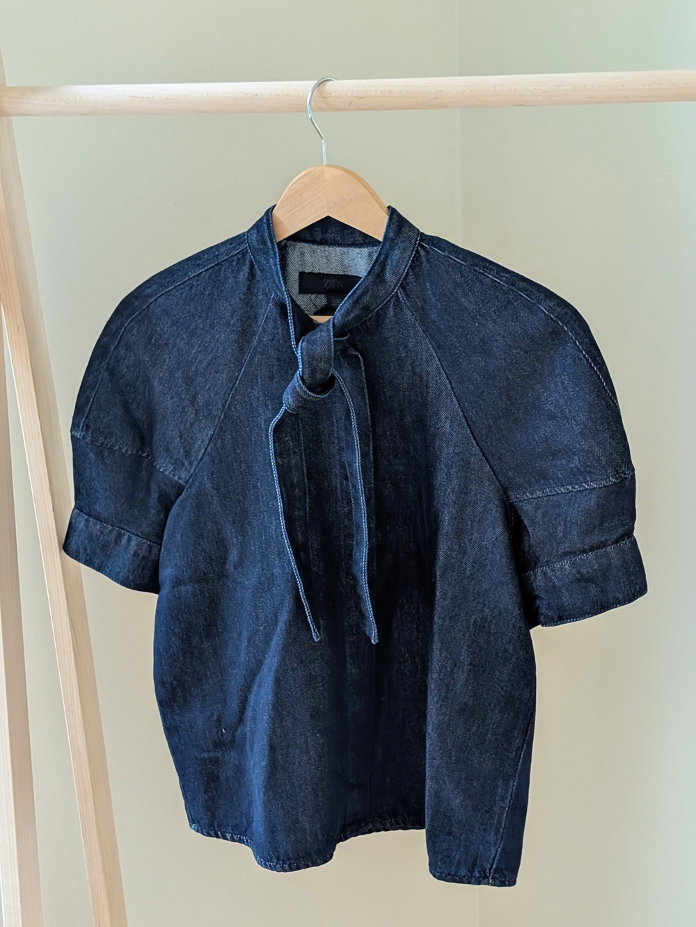 NWT Zara Denim Tie-Neck Short Sleeve Top In Dark Blue - S - Picture 2 of 5